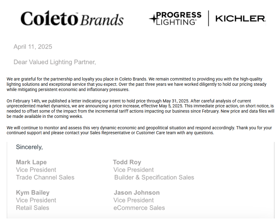 Kichler & Progress Lighting Announce Price Increase Kichler & Progress Lighting Announce Price Increase